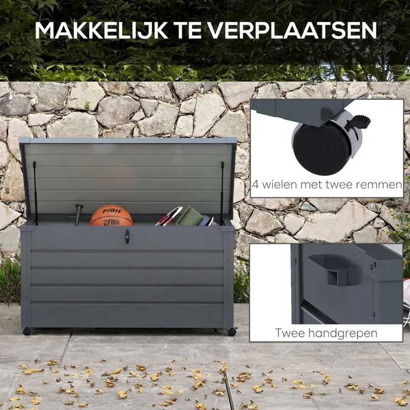 Outsunny Buiten opbergbox, tuinbox, kussenbox, weerbestendig, 4 wielen, 100 x 62 x 65 cm, Donkergrijs