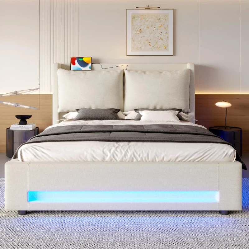 Practical Bed Frame with Built-in Shelf and Night Light, Hydraulic-Lift Platform Bed for Compact Bedrooms, 152.5L x 210W x 114H cm, Beige