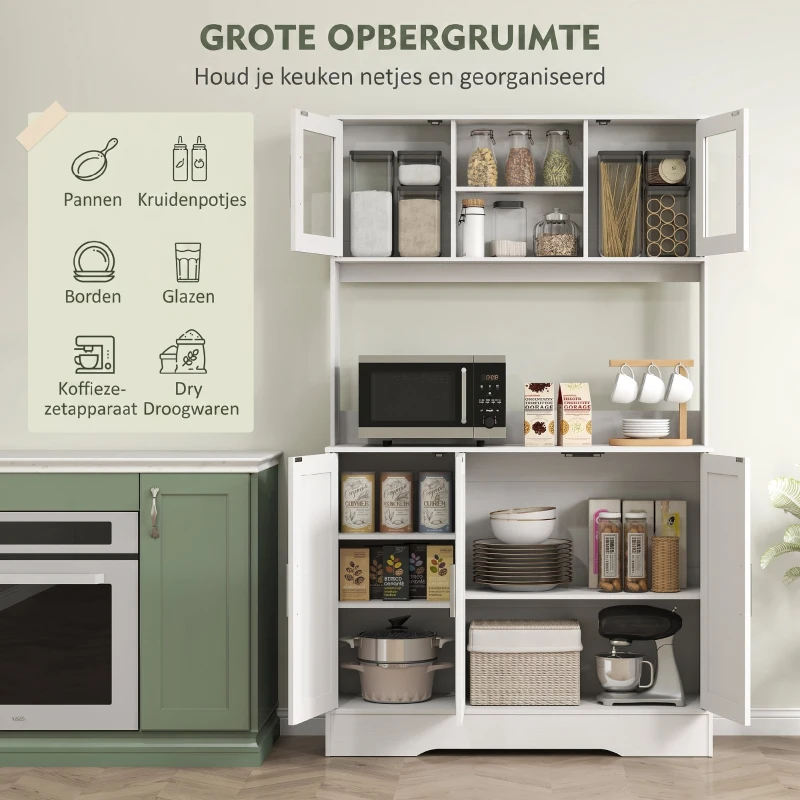 HOMCOM Keukenkast, Scandinavisch Design, 4 Kasten, Verstelbare Planken, Glazen Deuren, Open Vak, Spaanplaat, MDF, Wit(m-4)