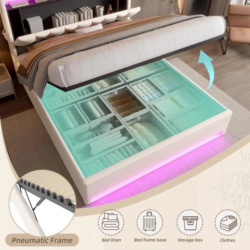 Practical Padded Bed with Hydraulic Storage, Stylish Platform Bed for Modern Bedrooms and Organized Living, 143L x 211W x 116.5H cm, Beige