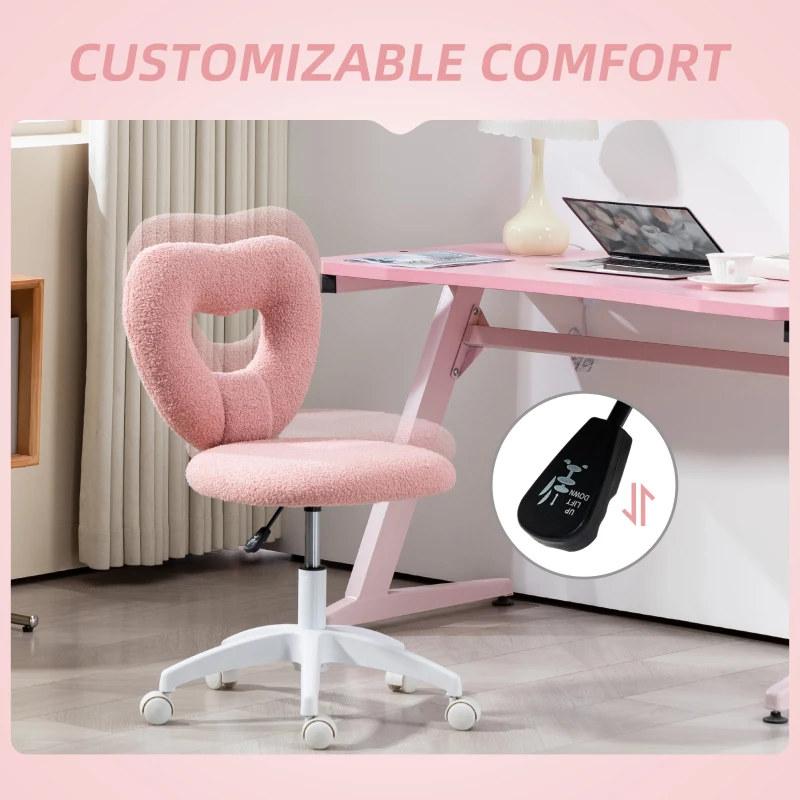 HOMCOM Sedia da Ufficio Girevole con Schienale a Cuore, Senza Braccioli, Sedia da Scrivania Cameretta Imbottita, Velluto Teddy, Altezza Regolabile, Trucco, Studio Camera da Letto, Portata 120kg Rosa