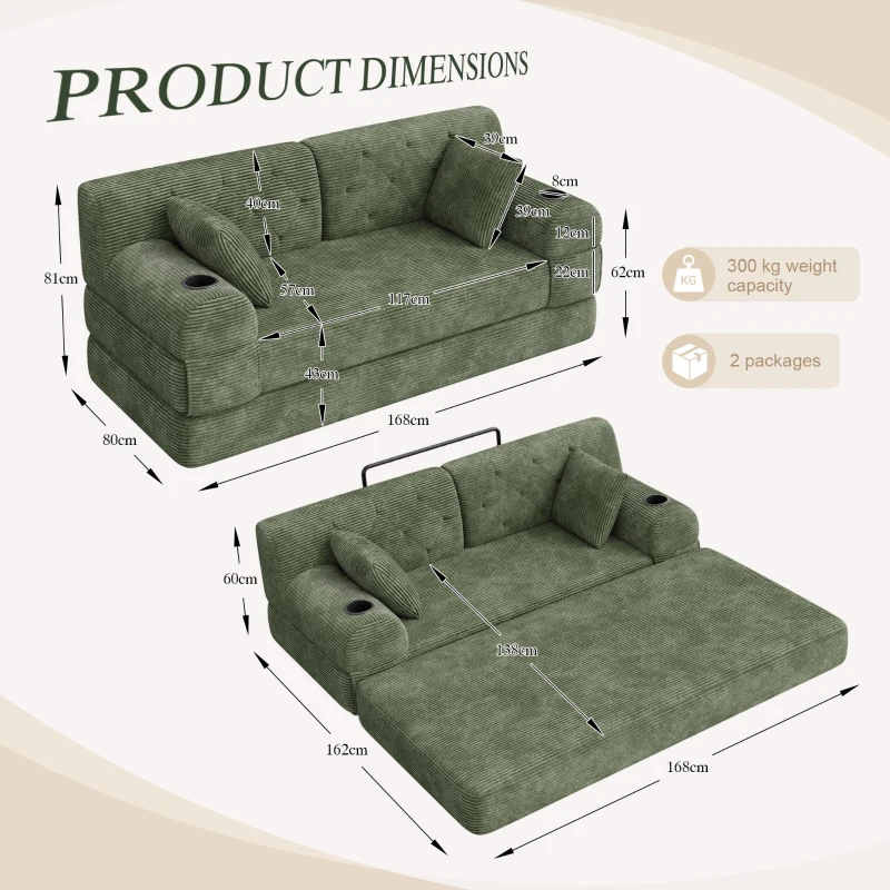 Cozy Sleeper Sofa with High-Density Foam and Soft Corduroy, Convertible Couch for Living Rooms and Small Spaces, 168L x 80W x 81H cm, Green