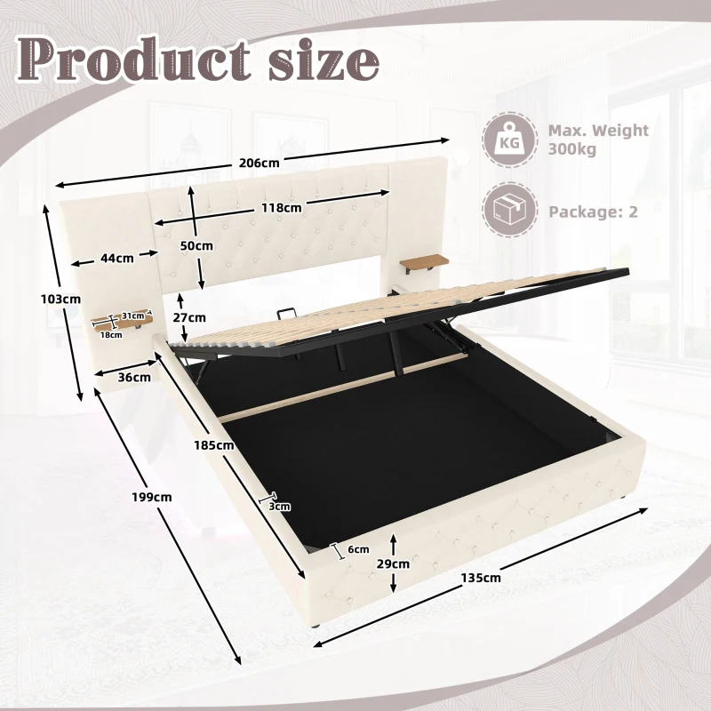 Spacious Platform Bed with Hydraulic Lift System, Modern Bed Frame with Wide Headboard and Tufting Button, 190L x 135W x 103H cm, Beige