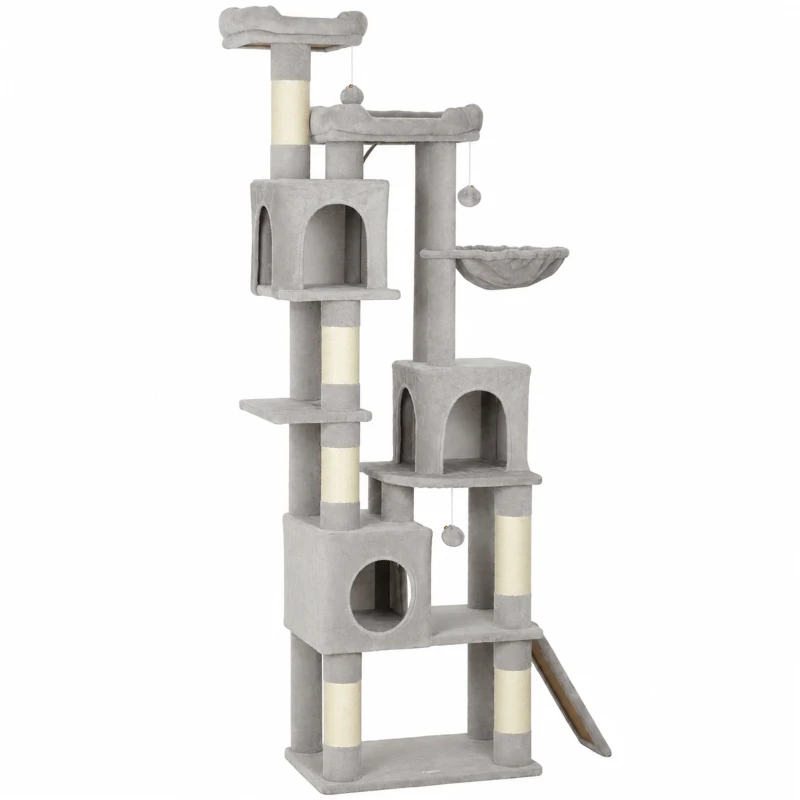 PawHut Arbre à chat griffoir haut 200 cm avec 6 poteaux griffoirs en sisal, 2 nids, 3 cabines, hamac, Gris clair