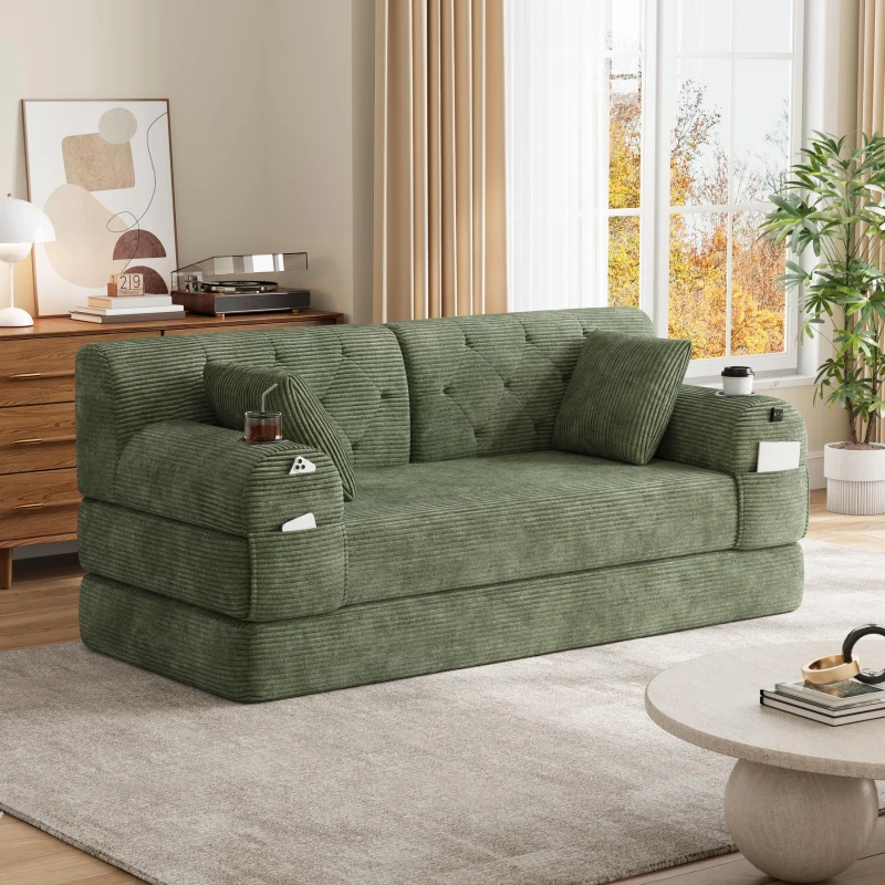 Cozy Sleeper Sofa with High-Density Foam and Soft Corduroy, Convertible Couch for Living Rooms and Small Spaces, 168L x 80W x 81H cm, Green