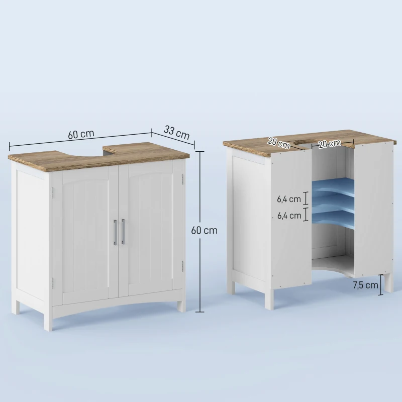 kleankin Meuble salle de bain sous lavabo à double portes avec étagères réglables, blanc et bois naturel