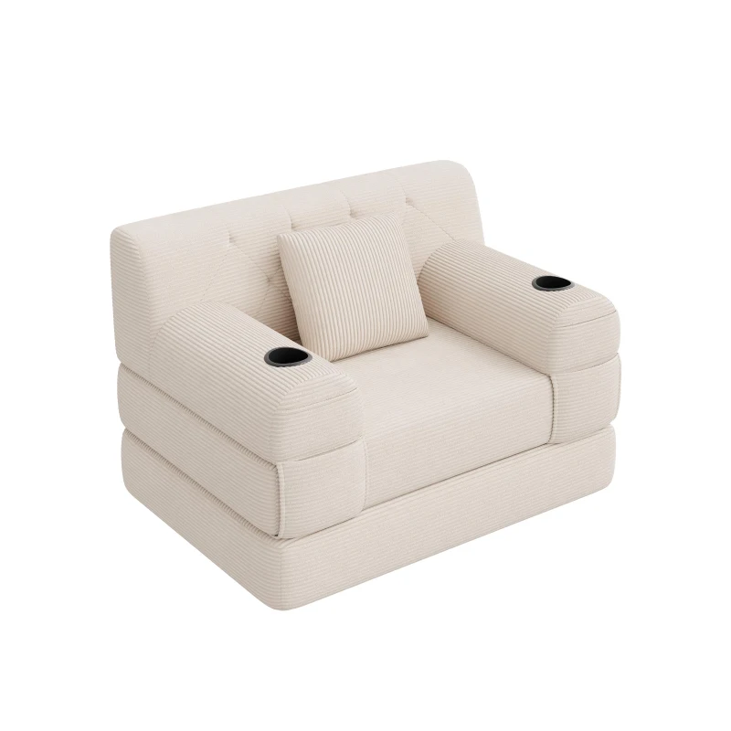 Convertible 1-Seater Sleeper Sofa with Tufted Corduroy Upholstery, Ideal Sofa Bed for Living Rooms and Small Spaces, 107L x 80W x 81H cm, Beige