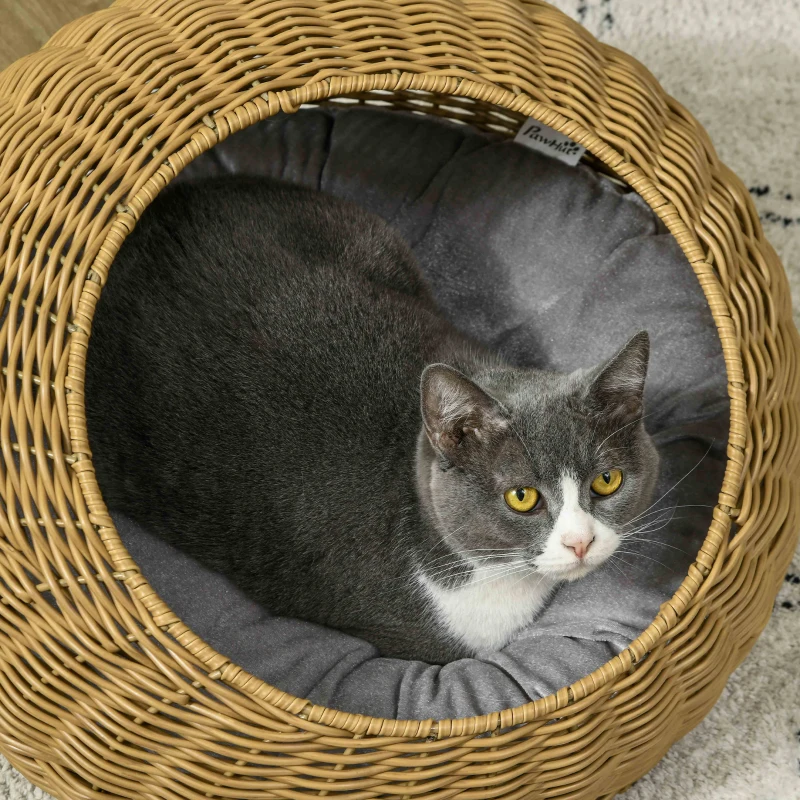 PawHut Katzenhöhle mit waschbarem Kissen, für Tiere bis 4 kg, Indoor, Kunst-Rattan, Ø50 x 31 cm, Hellbraun