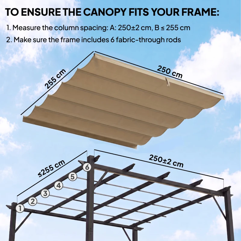 Outsunny Retractable Pergola Cover, 2.55 x 2.5 m Replacement Canopy Fabric for 3 x 3 m Frame, Roof Top Only, Tan