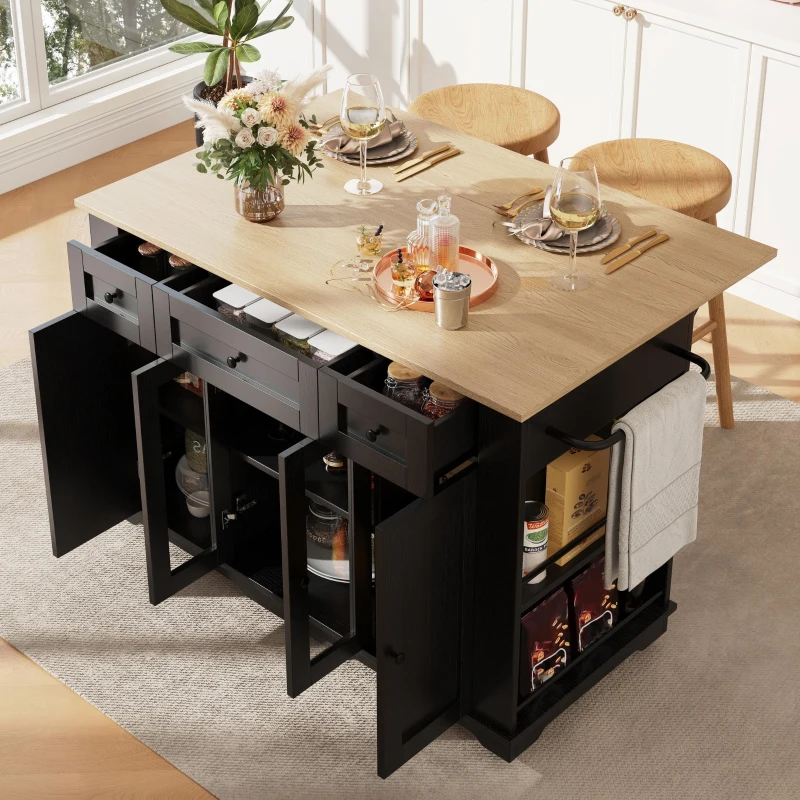 Stylish Kitchen Island with Foldable Worktop and Dining Extension, Space-Saving Dining Cart for Cosy Flats, 151.5L x 60W x 91.5H cm, Black