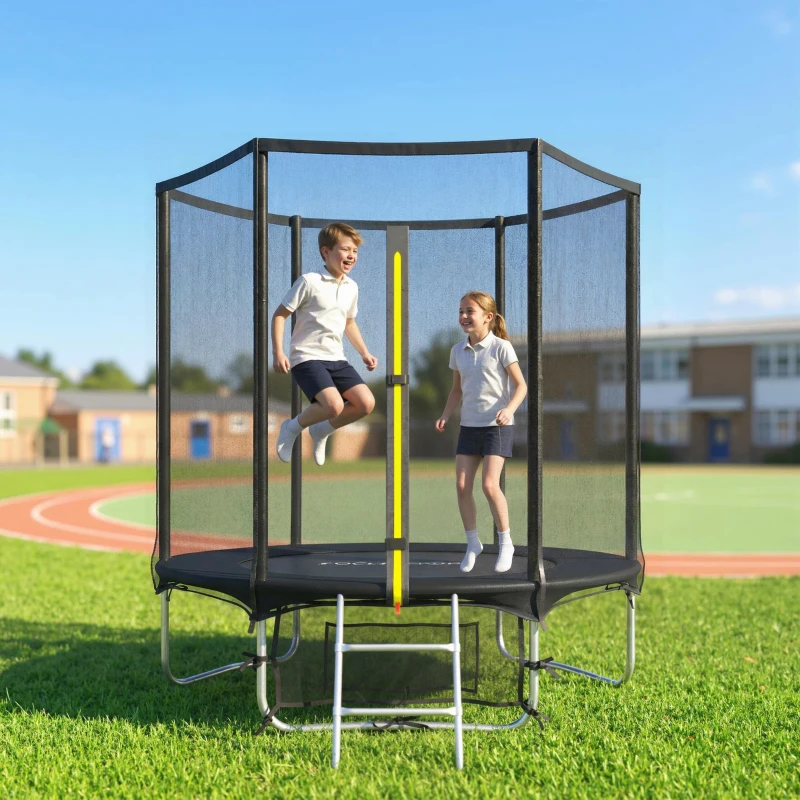 SPORTNOW Cama Elástica Exterior Ø183 cm Trampolín para Niños +6 Años Adultos con Red de Seguridad Escalera de 2 Peldaños Negro