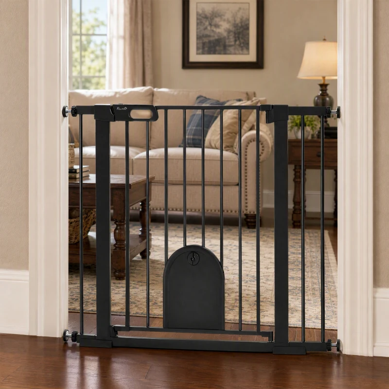PawHut Barrera de Seguridad para Perros Extensible 75-103 cm, para Puertas y Escaleras, Barrera para Perros con Puerta Pequeña, 2 Extensiones, Montaje a Presión y Doble Bloqueo, Negro