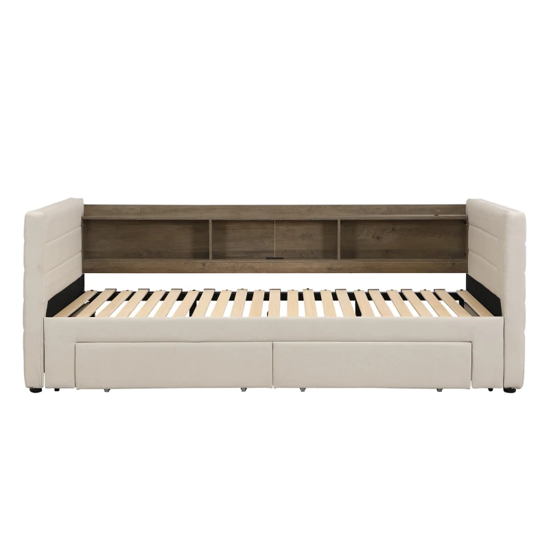 Practical Upholstered Daybed with Pull-Out Trundle, Ideal Bed Frame for Studios, Living Rooms, or Guest Spaces, 200L x 140W x 100H cm, Beige