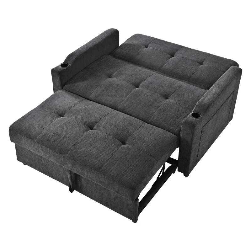 Convertible Sofa Bed with Adjustable Backrest, Functional Sleeper with USB & Type-C Charging and Cup Holders, 135L x173W x 58H cm, Dark Grey