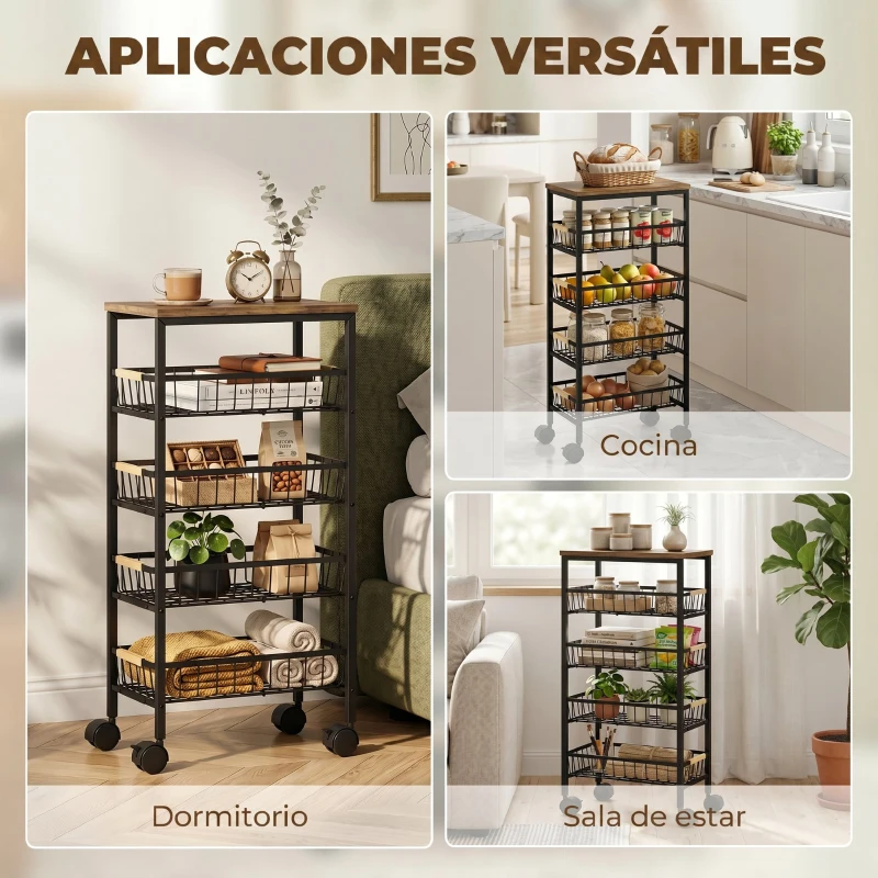 HOMCOM Carrito Auxiliar con Ruedas 4 Cestas Extraíbles Carga 15 kg Marco Metálico para Comedor 40x24x81,5 cm Marrón Rústico