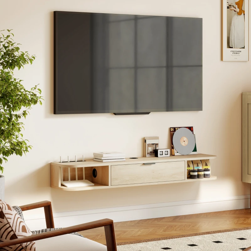 HOMCOM Meuble TV suspendu, meuble télé pour téléviseur jusqu'à 50 pouces, tiroir rabattable 2 étagères 120x24x16cm bois naturel