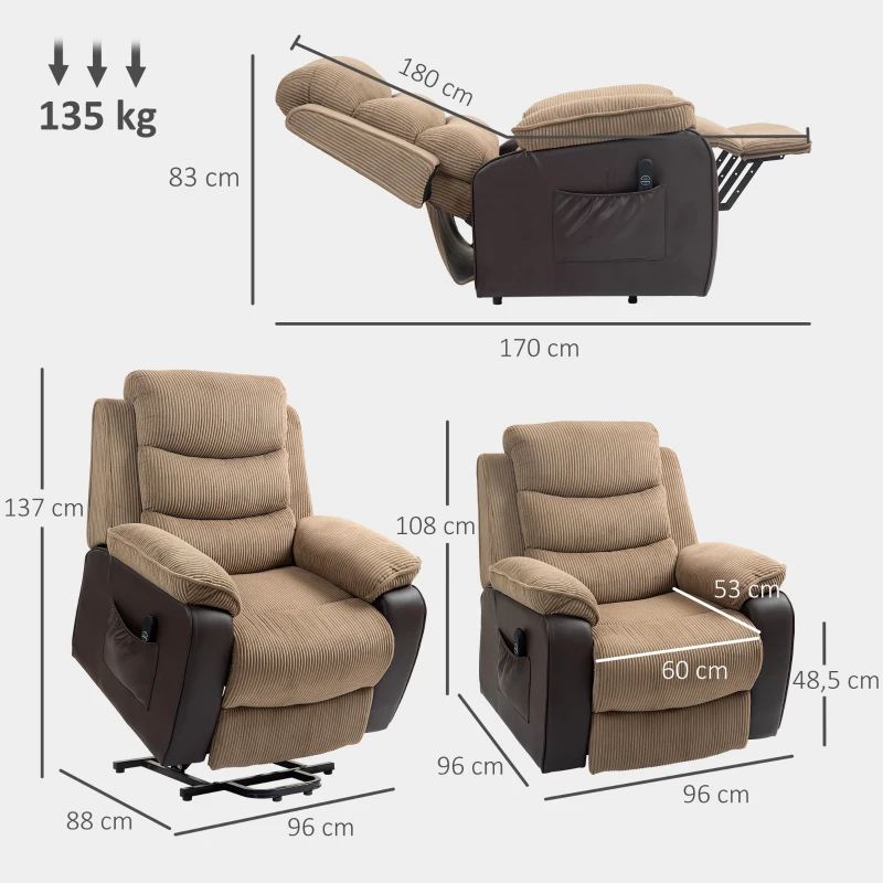 HOMCOM Sillón Relax Reclinable Eléctrico Levanta Personas con Mando a Distancia Puerto USB y Bolsillos Laterales Marrón