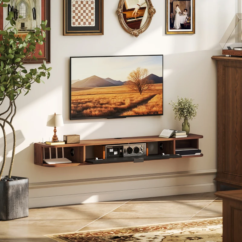 HOMCOM Comodă TV suspendată, pentru televizoare până la 152 cm, sertar rabatabil, 2 rafturi, 140x24x16cm, nuc