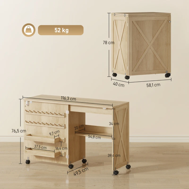 HOMCOM Mesa Dobrável para Máquina de Costura com Porta Magnética, 2 Compartimentos, Prateleira, 18 Suportes para Linhas e 5 Rodas, Madeira Natural