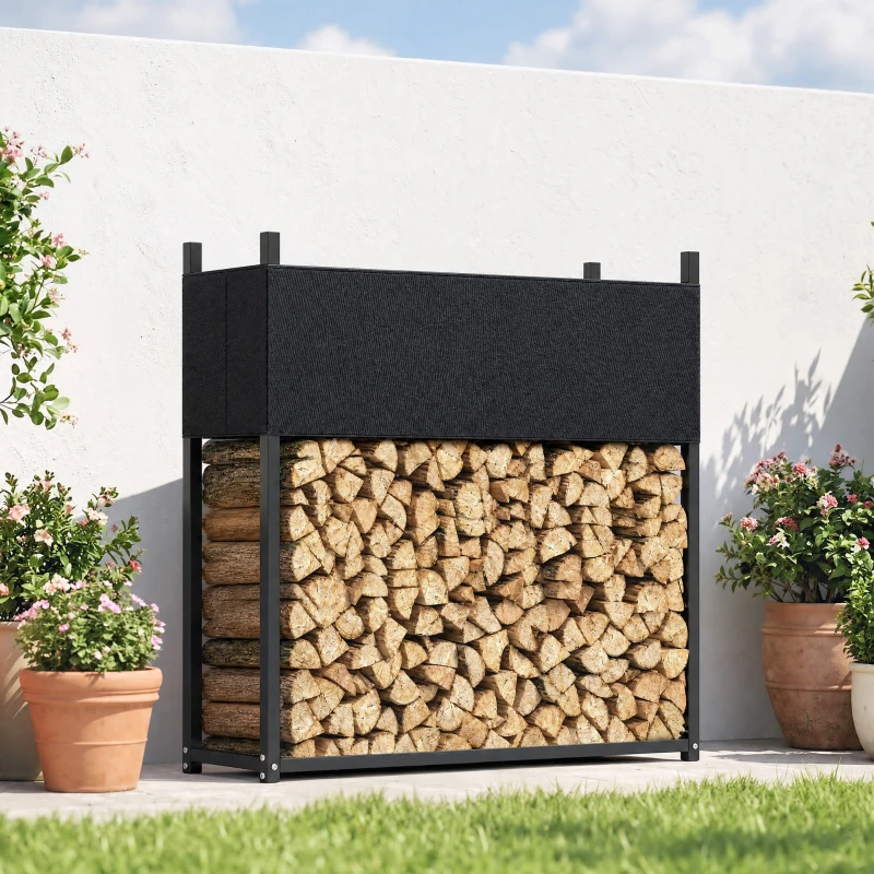 Outsunny Estante de Leña con Funda Oxford 600D Leñero de Acero Galvanizado Robusto Carga 250 kg para Interior y Exterior Negro