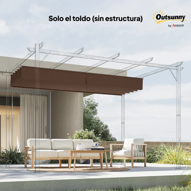 Outsunny Cubierta para Techo Retráctil de 3,5x2,6m para Pérgola de 4x3 Tela de Repuesto con 10 Orificios de Drenaje Café