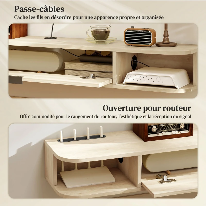 HOMCOM Meuble TV suspendu, meuble télé pour téléviseur jusqu'à 60 pouces, tiroir rabattable 2 étagères 140x24x16cm bois naturel