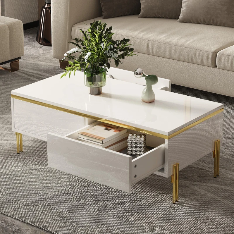 Spacious Coffee Table with 2 Hidden Drawers, Versatile Room Table for Italian-Style Rooms or Cream-Toned Spaces, 100L x 50W x 36H cm, White
