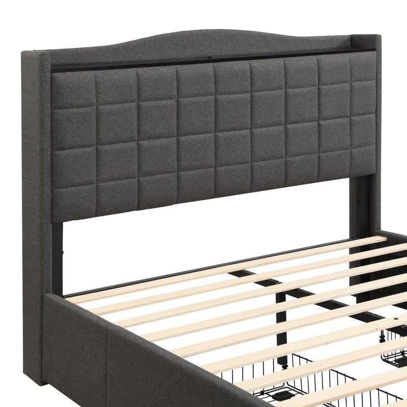 Spacious Upholstered Bed with 4 Under‑Bed Drawers, Cozy Bed Frame with Soft Headboard and Linen Surface, 208L x 140W x 111H cm, Grey