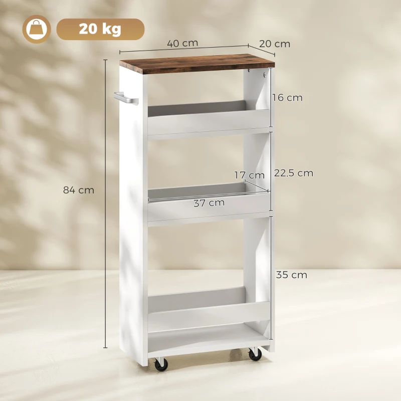 HOMCOM Carrito de Cocina Estrecho de 3 Niveles con Ruedas para Espacios Reducidos Comedor o Salón Blanco