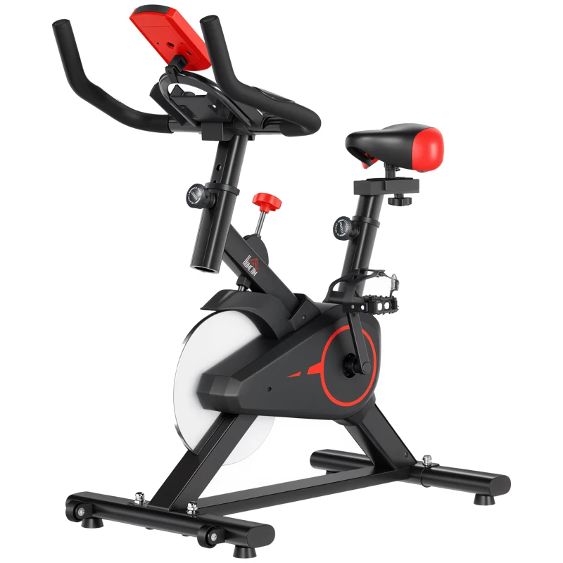 HOMCOM Bicicleta Estática Ciclo Indoor con Pantalla LCD Pulsómetro Sillín y Manillar Ajustables en Altura Volante de Inercia de 6 kg Resistencia Regulable Soporte para Teléfono y Ruedas Negro y Rojo