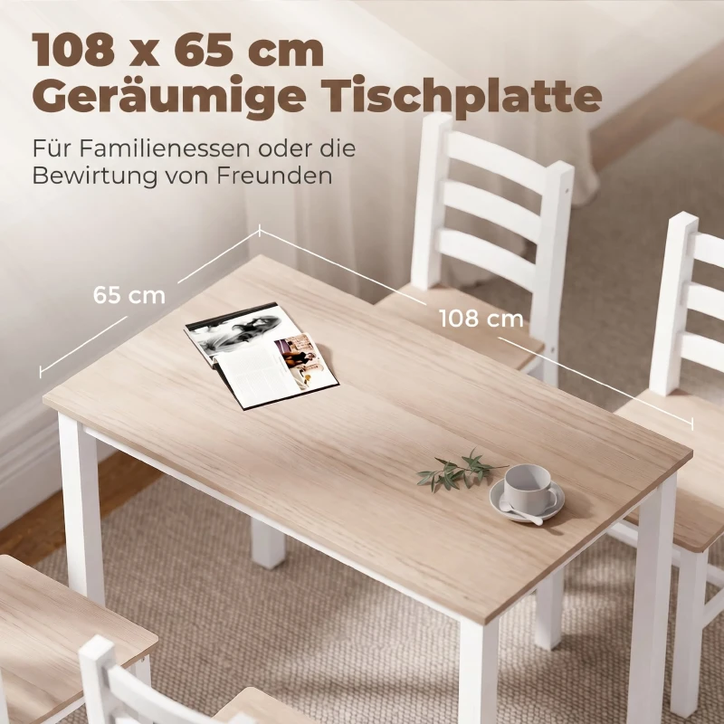 HOMCOM 5-teiliges Essgruppe für 4 Personen, Landhaus-Esstisch und Stühle aus Massivholz, Natur/Weiß