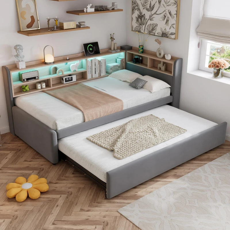 Practical Upholstered Daybed with Pull‑Out Trundle, Perfect Bed Frame for Studios, Living Rooms, or Guest Spaces, 201L x 105W x 85H cm, Grey