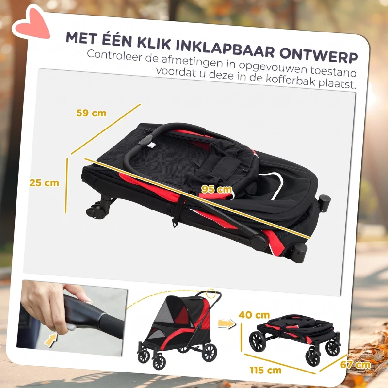 PawHut Hondenwagen, opvouwbare hondenbuggy voor middelgrote honden, huisdierwagen met 4 wielen, veiligheidslijnen, remmen, zwart