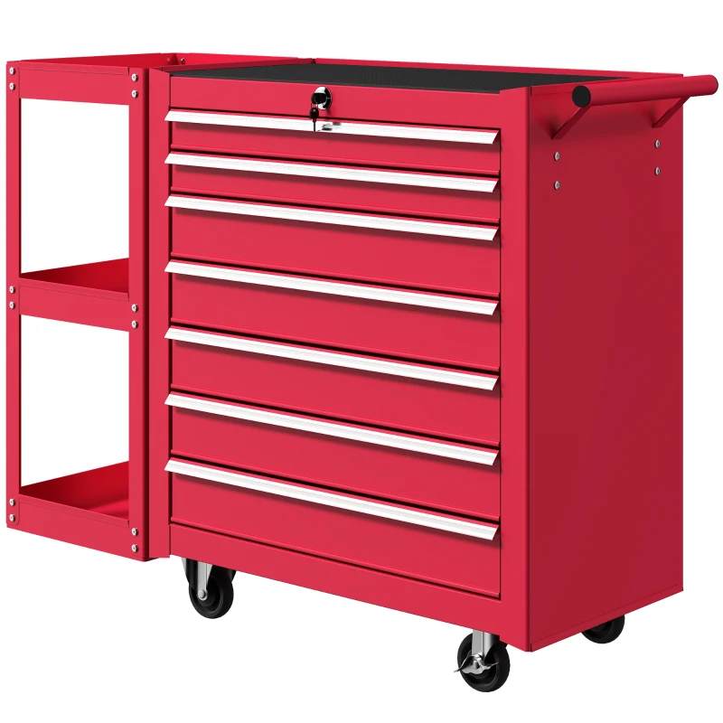 HOMCOM Carro de Herramientas con 7 Cajones Estantería de 3 Niveles Desmontable Sistema de Cierre Central Asa Rojo