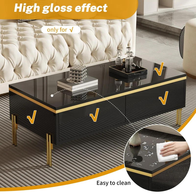 Spacious Coffee Table with 2 Hidden Drawers, Versatile Room Table for Italian-Style Rooms or Cream-Toned Spaces, 100L x 50W x 36H cm, Black