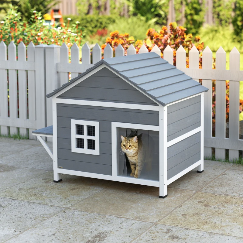 PawHut Katzenhaus aus Holz 2-Etagen Katzenhöhle mit wasserdicht aufklappbar Dach, seitlicher Plattform, 101x72,5x81cm, Grau
