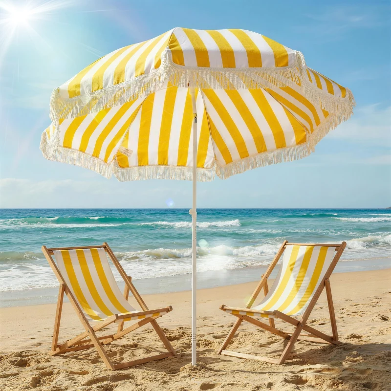 Outsunny Sombrilla de Playa con Flecos Ø180 cm Sombrilla de Terraza Exterior Altura Ajustable Inclinación 30° Amarillo y Blanco