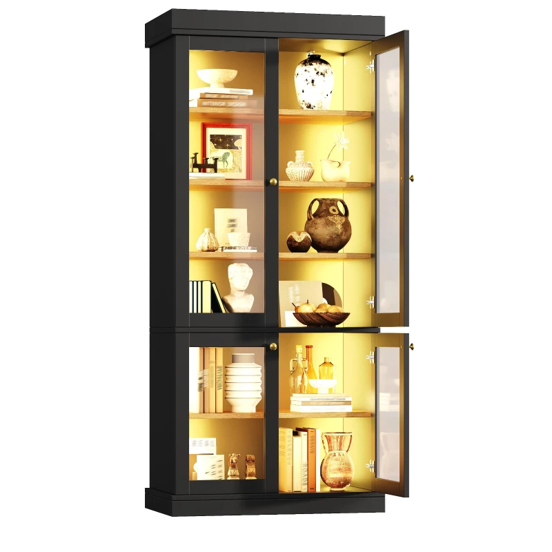 Modern Freestanding Display Cabinet with Height-Adjustable Shelves, LED Lighted Tall Showcase for Industrial Interiors, 80L x 40W x 180H cm, Black