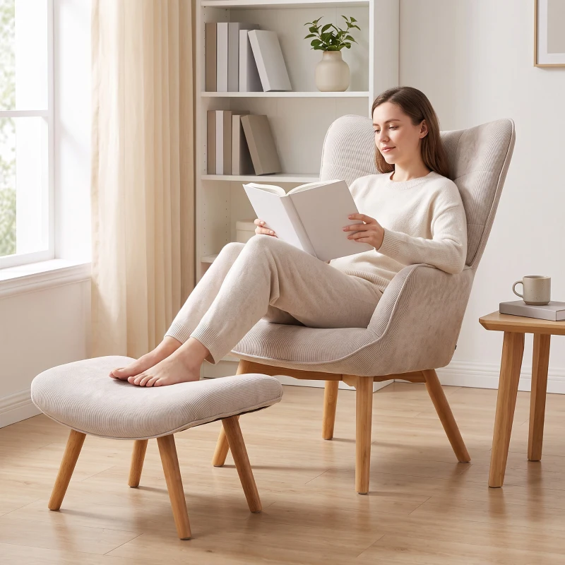 HOMCOM Fotoliu Relax cu Taburet pentru Picioare, din Catifea cu Nervuri, cu Spătar Înalt și Brațe, Bej