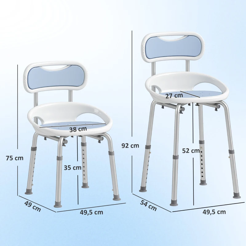 HOMCOM Cadeira de Duche com Encosto Almofadado, Rebordos Laterais e Altura Regulável, 136 kg, Azul