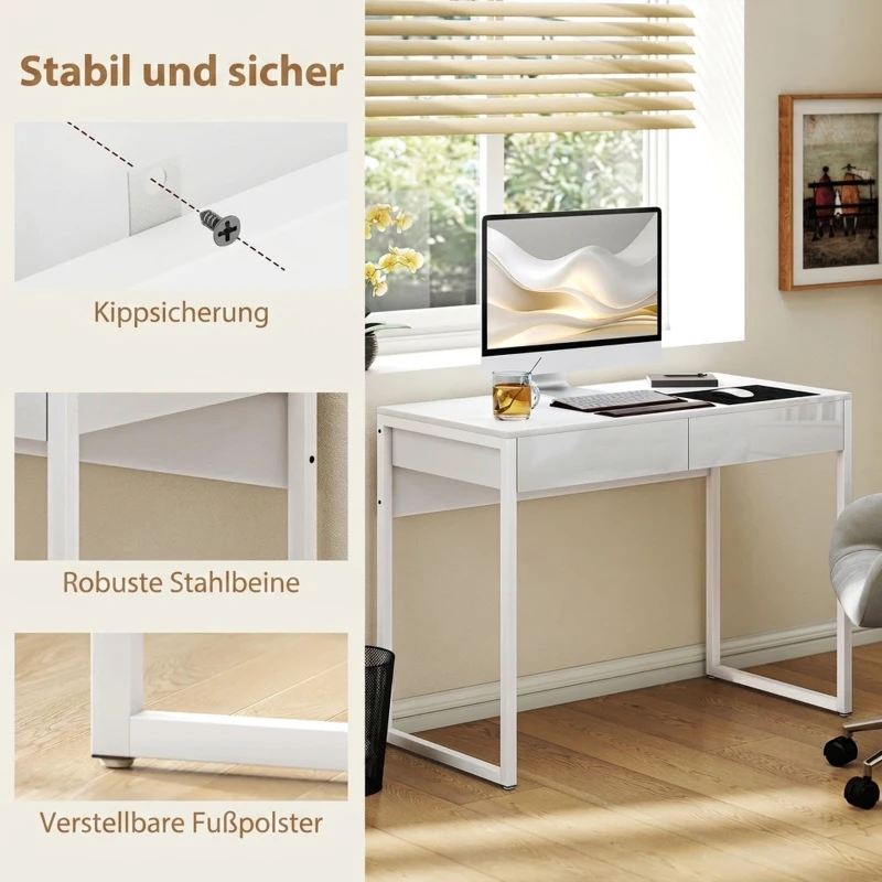 HOMCOM Schreibtisch 100 x 50 cm Computertisch Bürotisch mit 2 Schubladen, für kleine Räume, Weiß