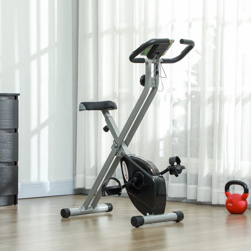 SPORTNOW Bicicleta Estática Plegable 8 Niveles Resistencia Magnética Monitor LCD Asiento Ajustable Sensor Ritmo Soporte Teléfono