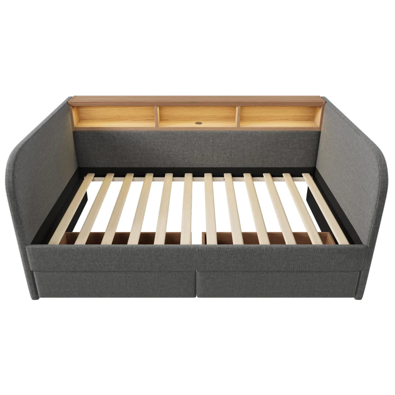 Upholstered Daybed with Integrated USB & Type‑C Charging, Storage Headboard Single Bed for Contemporary Bedrooms, 197.5L x 107W x 70H cm, Grey