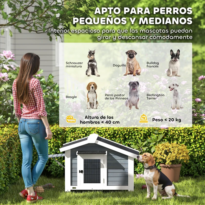 PawHut Caseta para Perros Exterior de Madera Casa para Perros Medianos con Techo Asfático Suelo Extraíble 98x76x69,5 cm Gris