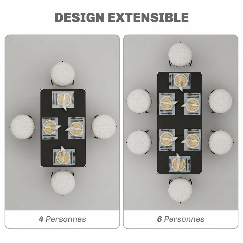 HOMCOM Table à manger extensible de 4 à 6 personnes, pieds en acier, pour petits espaces, salle à manger, noir