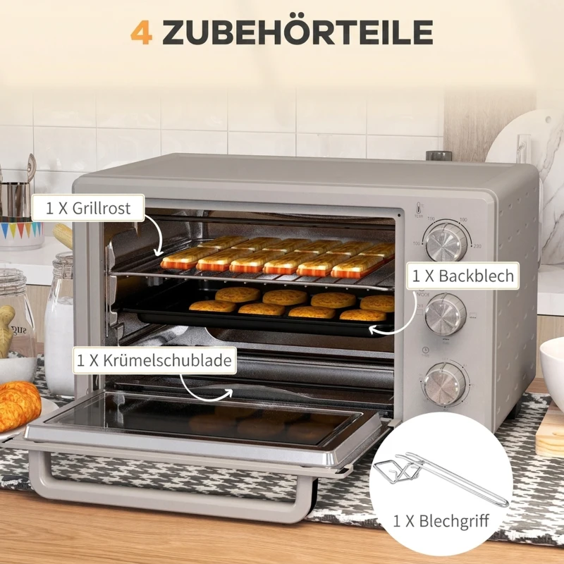 HOMCOM Minibackofen, 21 L Toasterofen mit 1 Drahtgestell und 1 Backblech, 3 Kochmodi, 100 °C-230 °C, Edelstahl, Glas, Silber(m-6)