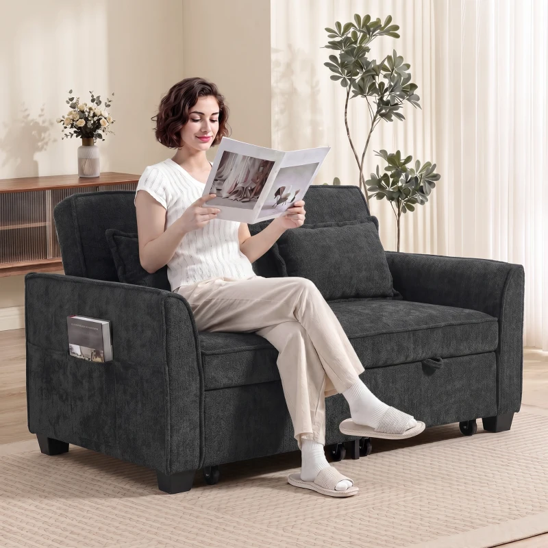 HOMCOM 2 Seater Sofa Bed, 4-in-1 L-Shaped Convertible Pull-Out Sleeper Sofa with Adjustable Backrest and Side Pockets, Black