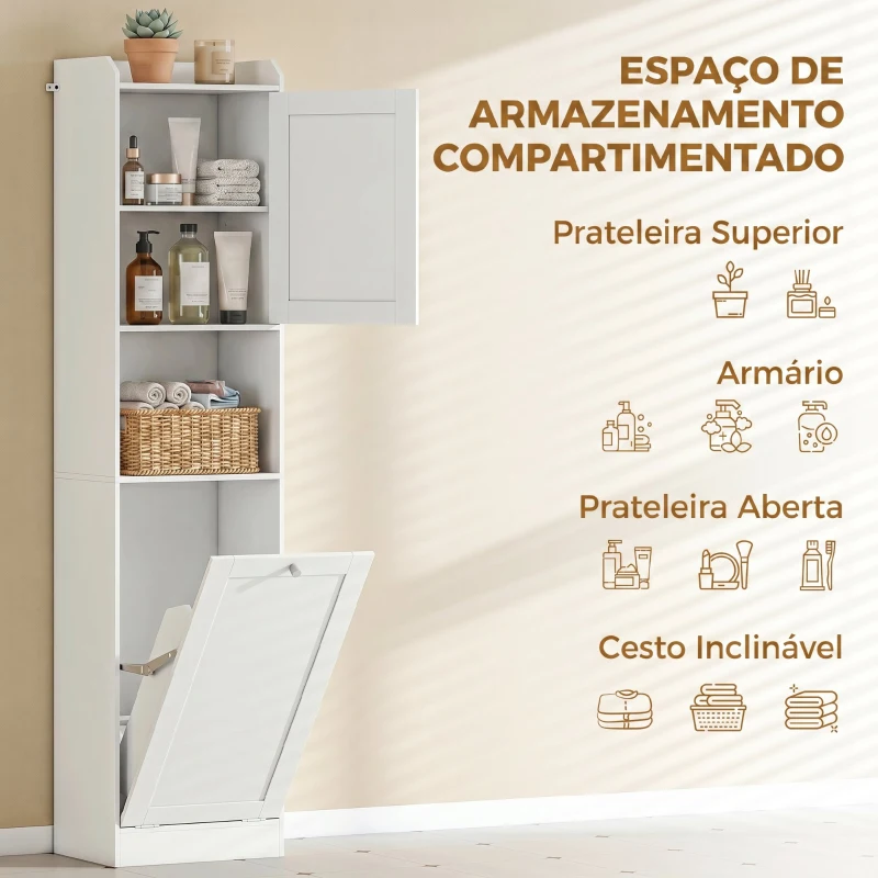 HOMCOM Armário de Casa de Banho com Cesto de Roupa Suja, Prateleira Ajustável e Compartimento Aberto, 40x30x170 cm, Branco