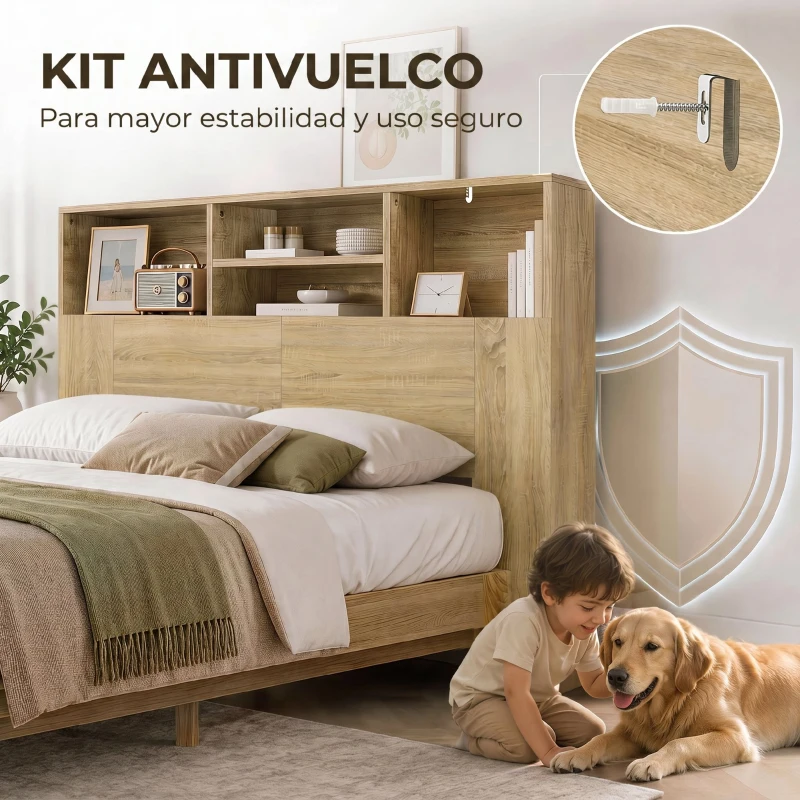 HOMCOM Cabecero de Cama 140 cm con Almacenaje Cabezal de Cama con 4 Compartimentos Abiertos para Dormitorio Roble