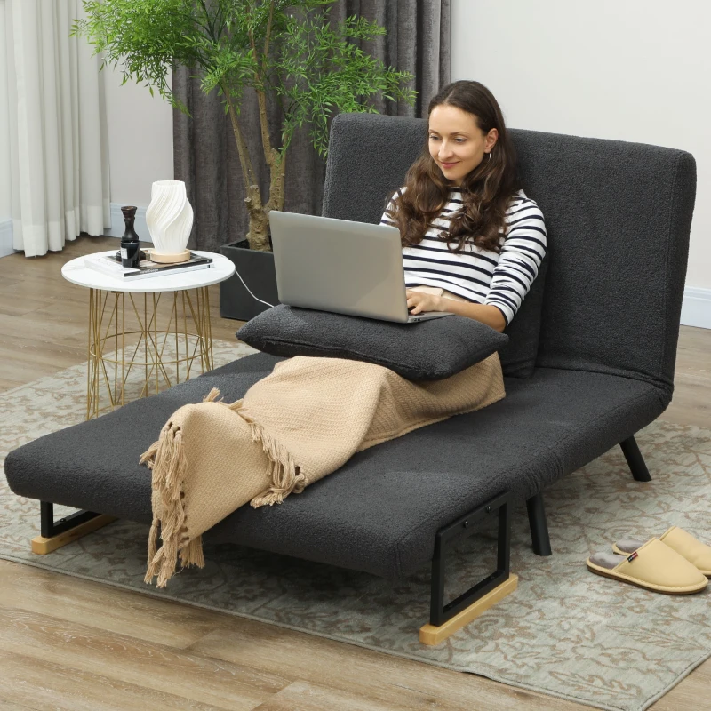 HOMCOM Schlafsofa 2er-Sofa mit Schlaffunktion, inkl. 2 Kissen, Sherpa-Optik, Natur + Dunkelgrau + Schwarz